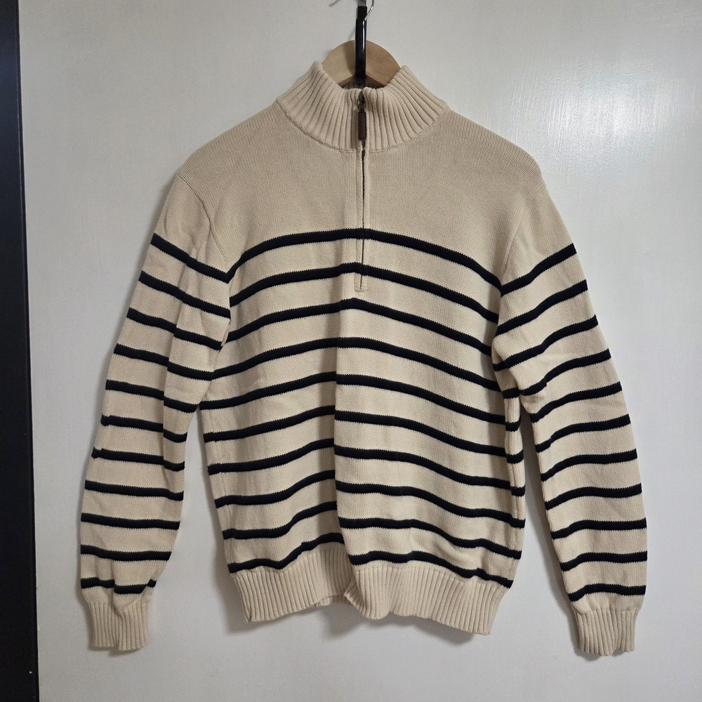 Brandy Melville Cream Black Striped Cotton Half Zip Mock Neck Sweater One Size